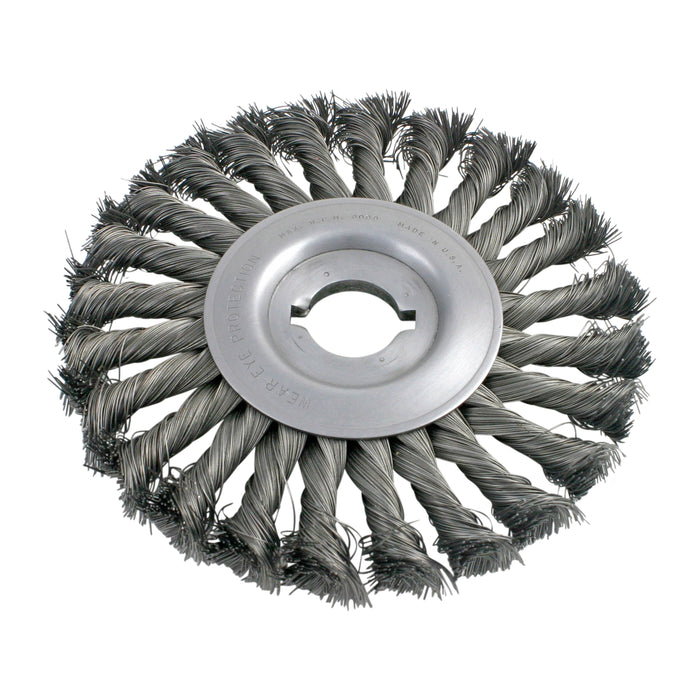BRM B464, 8" Diameter Knotted Wheel Brush, .016 Carbon Steel, 1" Arbor Hole With Keyway