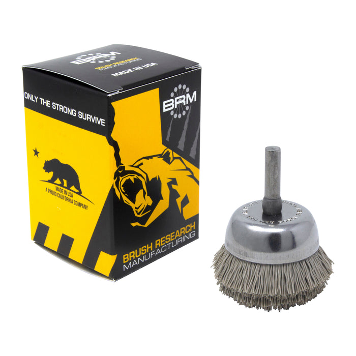 BRM BNH16AY500AO 1.750" Small Dia. Cup Brush, 500 Grit Aluminum Oxide, .250" Shank Dia., .500" Trim