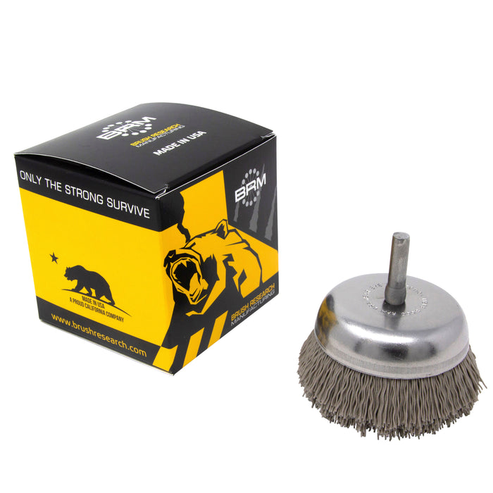 BRM BNH26AY320AO 2.750" Small Dia. Cup Brush, 320 Grit Aluminum Oxide, .250" Shank Dia., .750" Trim